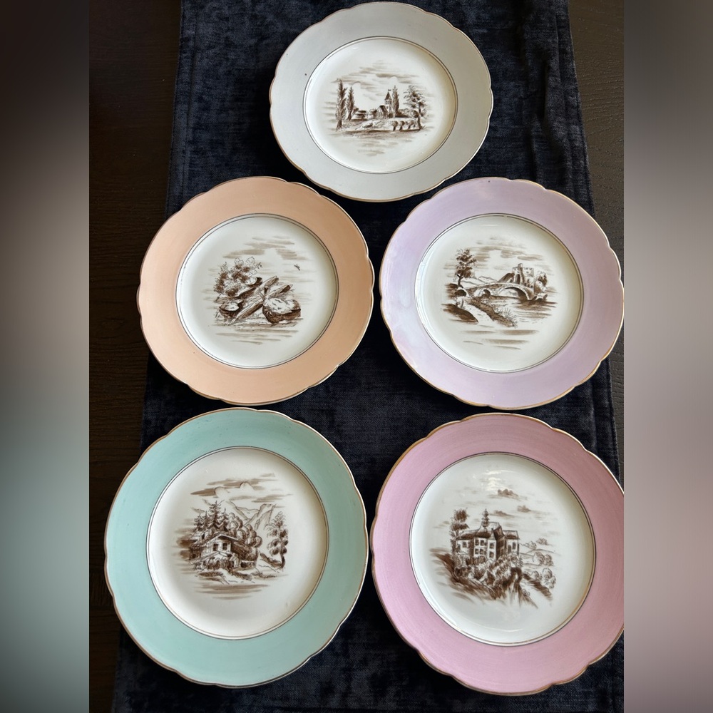 ANTIQUE RARE FRENCH HAND PAINTED SCENIC PLATE SET 5 MONOCHROME PASTEL 8” Gold Tr